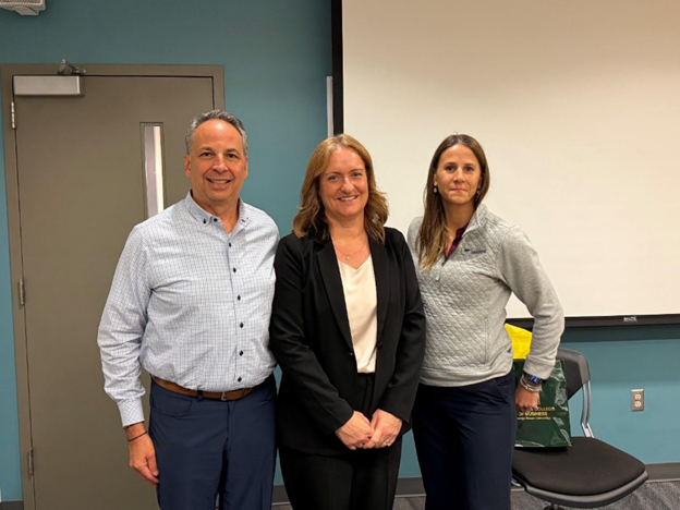 (left to right) Panos Dimitriades, talent acquisition leader at Leidos; Cindy Parker, the Leidos Corporate Partner Faculty Fellow and instructional professor of management at Costello; Karey Jamison, human resources director at Leidos.