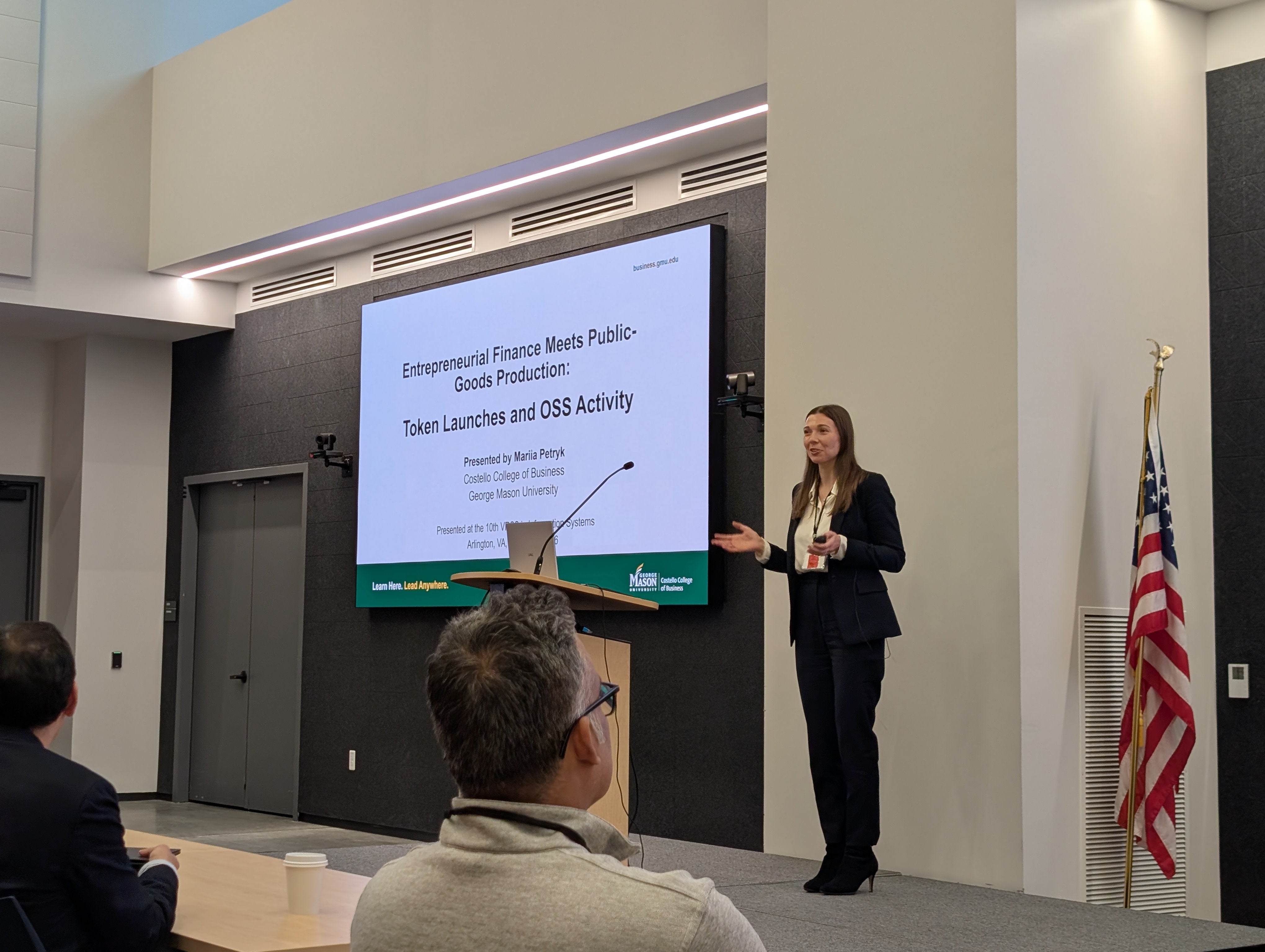 Mariia Petryk, corporate partner faculty fellow and assistant professor of ISOM, presenting at the Virginia Research Seminar Series. Photo courtesy of Pallab Sanyal.