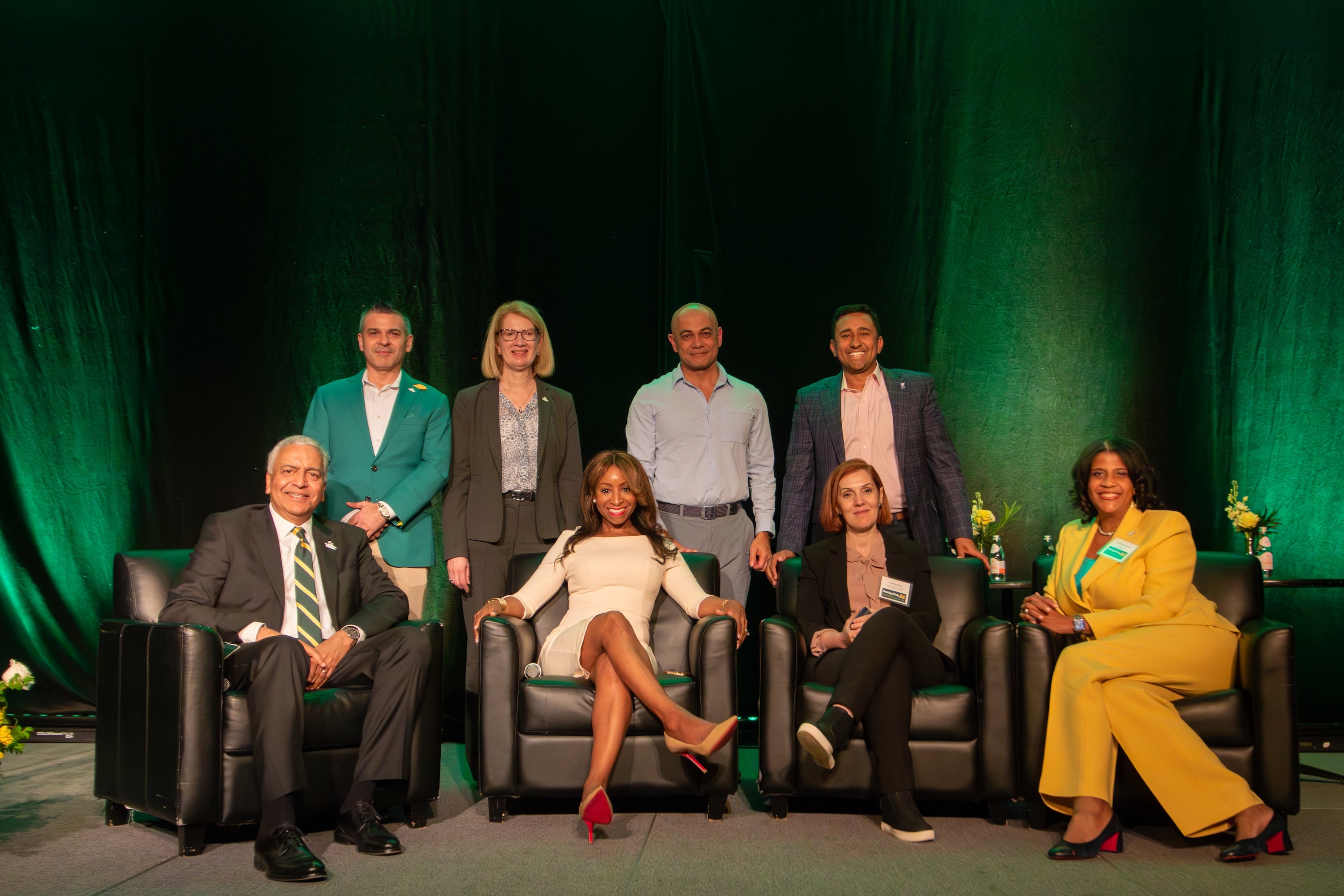 Back row (left to right) Patrick Soleymani, associate dean for outreach and strategic engagement at Costello; Cherl Druehl, interim dean at Costello; James Suh, CEO and co-founder of Nashville Analytics, LLC and head of technology and insights, NABA Inc.; Rajiv Shenoy, partner and associate director at Boston Consulting Group; Front row (left to right) Ajay Vinzé, interim provost and executive vice president of George Mason University; Tasha Austin, principal at Deloitte; Amarda Shehu, inaugural VP and chief AI officer at George Mason University; Guylaine Saint Juste, president and CEO, NABA Inc. Photo by Hannah Patterson/Costello College of Business.