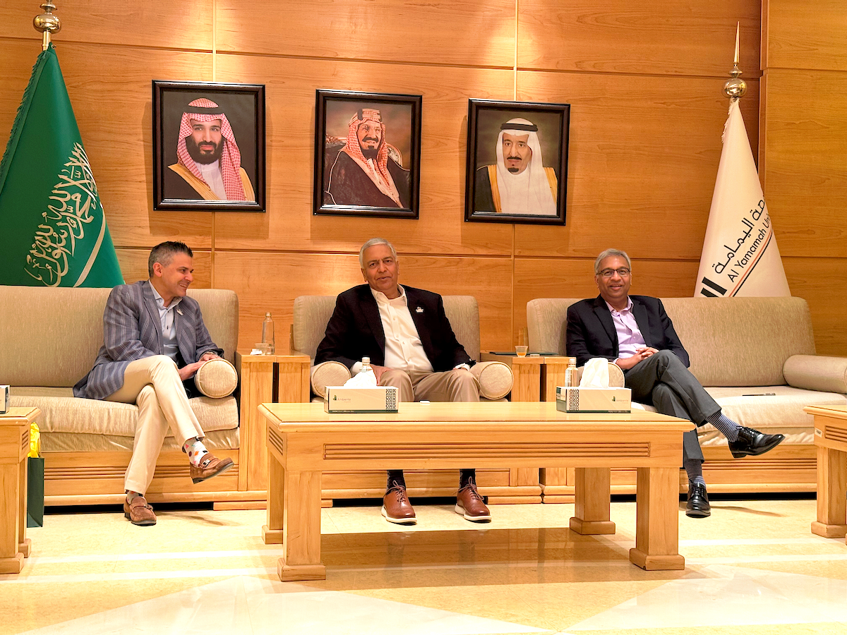 Costello College of Business at George Mason University Associate Dean for Outreach and Strategic Engagement Patrick Soleymani, Costello College of Business Dean Ajay Vinzé, and Costello College of Business Senior Associate Dean for Academic Affairs and Global Engagement JK Aier on a recent trip to Saudi Arabia, where they met with government officials to discuss opportunities for bridging the gap between academic research and entrepreneurship in the Kingdom. Photo courtesy of Patrick Soleymani.