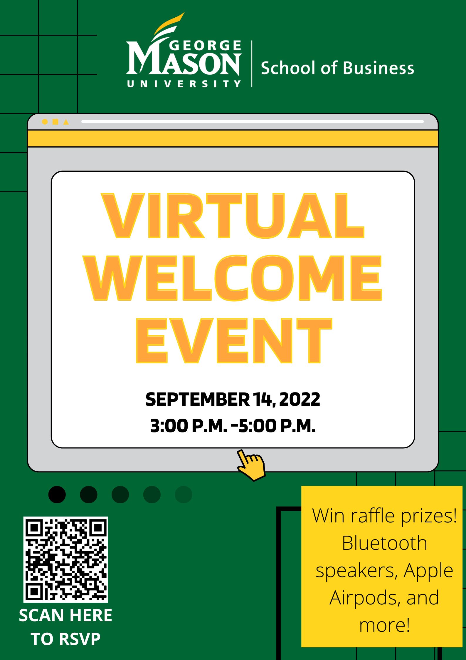 Flyer for online welcome event with registration link and September 14, 2022 date from 3:00-5:00 pm