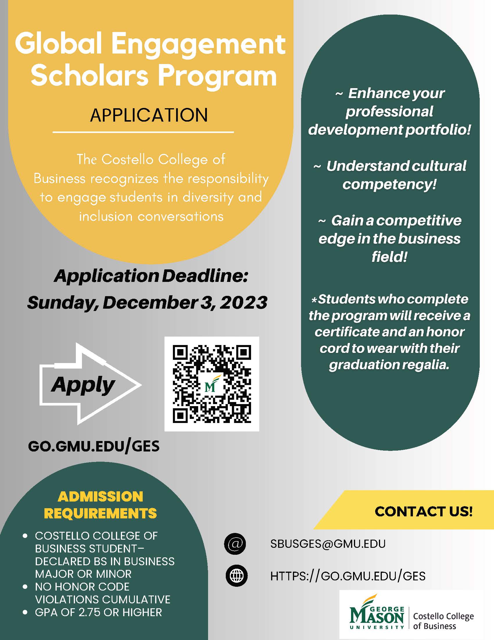 Costello College of Business - Global Engagement Scholars Application Open - Due December 3, 2023