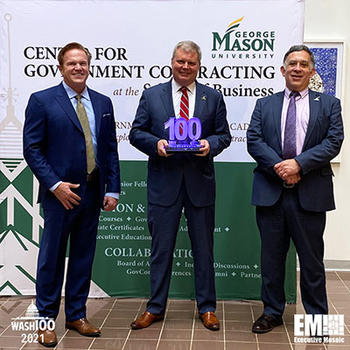 (l-r) Jim Garrettson, founder and chief executive officer of Executive Mosaic, George Mason University Center for Government Contracting Executive Director Jerry McGinn, and Dean Maury Peiperl     